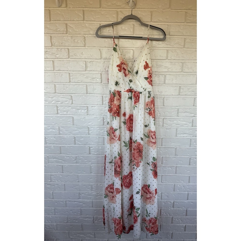 Trixxi Size 5 Floral Maxi Dress Ivory Pink Rose Gold Dot Cottage-core Fairy NWT